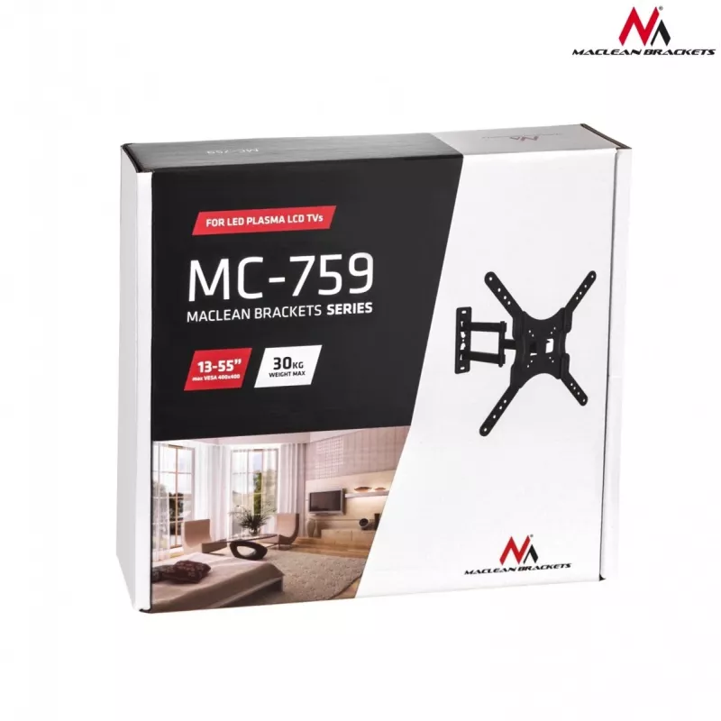TV laikiklis prie sienos Maclean MC-759 13–55 colių ekranams, 30 kg talpa, VESA 75x75–400x400, pakreipiamas ir reguliuojamo gylio