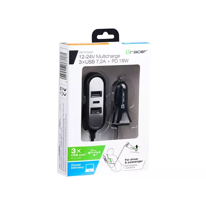 Automobilinis įkroviklis TRACER TRAADA46351 12–24V, 3×USB (iš viso 7,2A), USB‑C PD 18W