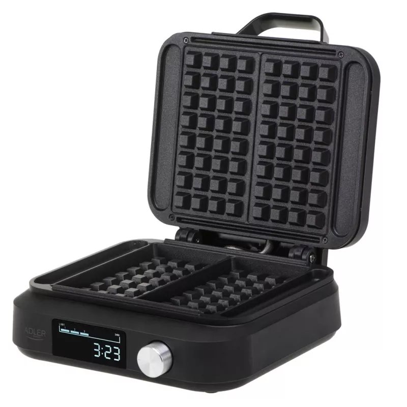 Vaflių keptuvas Adler AD 3087 — elektrinė belgiška vaflinė, 2200 W, 2 stačiakampės plokštės 9×17 cm, juoda