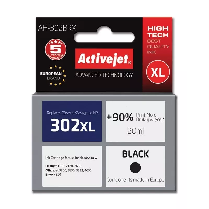 Activejet AH-302BRX rašalas (pakaitalas HP 302XL F6U68AE; Premium; 20 ml; juodas)