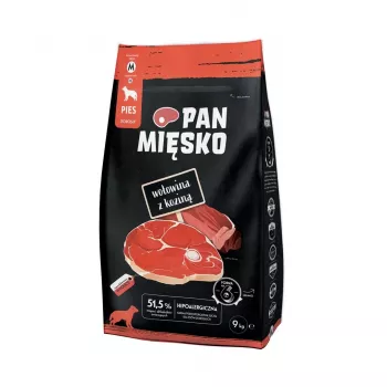 Sausas šunų ėdalas Pan Mięsko Beef with Goat Adult Crunchy M — 9 kg, 30% baltymų, 20% riebalų, be glitimo