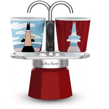 Viryklės moka puodas BIALETTI MINI EXPRESS Magritte raudonas – modelis 0001406, mažos talpos viryklės espreso virimo aparatas