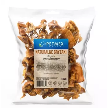 Šunų kramtukai PETMEX Pork Strips 500 g — natūralūs kiaulienos kramtukai suaugusiems šunims, dantų apsauga, tinka visoms veislėms