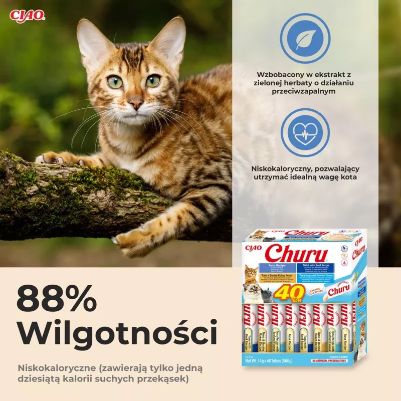 Drėgnos katės skanėstai INABA Churu įvairovės dėžutė Tunas su jūros gėrybėmis — 40 x 14 g pastos paketėlių, be grūdų, be cukraus