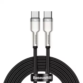 USB‑C į USB‑C kabelis Baseus Cafule Metal — 2 m, 100W įkrovimas, USB 2.0 (480 Mbps), cinkuoti kontaktai, juodas