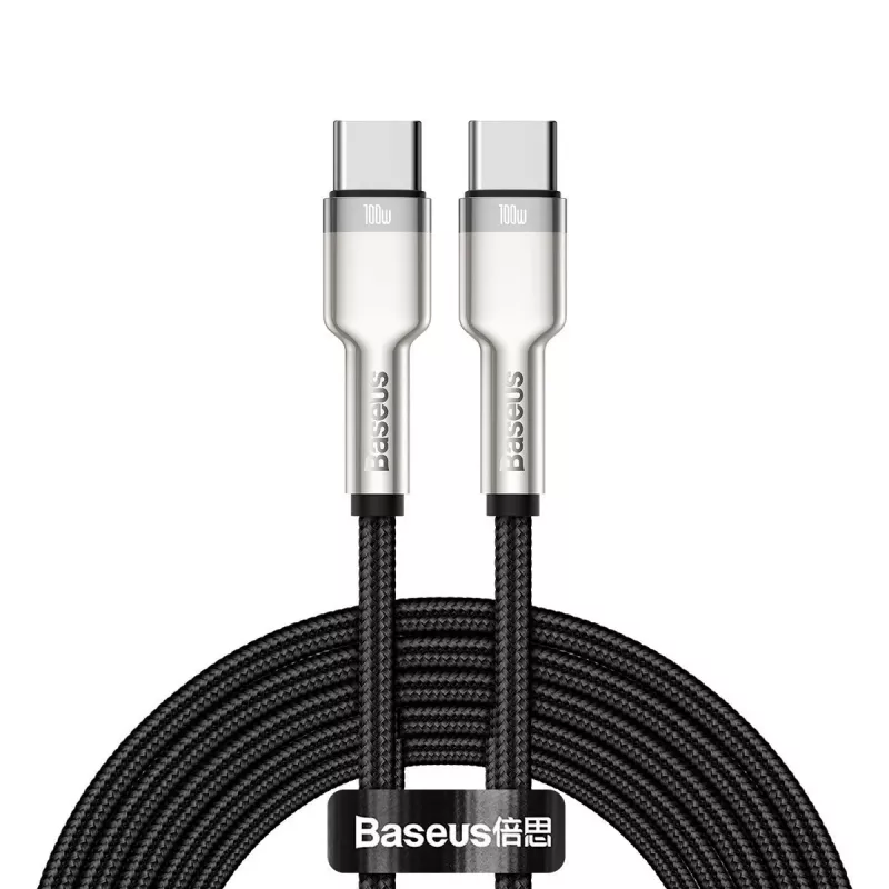 USB‑C į USB‑C kabelis Baseus Cafule Metal — 2 m, 100W įkrovimas, USB 2.0 (480 Mbps), cinkuoti kontaktai, juodas