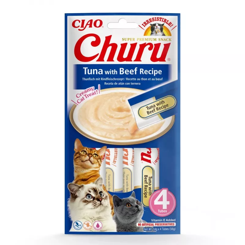 INABA Churu tuno su jautienos receptas – skanėstai katėms – 4x14 g
