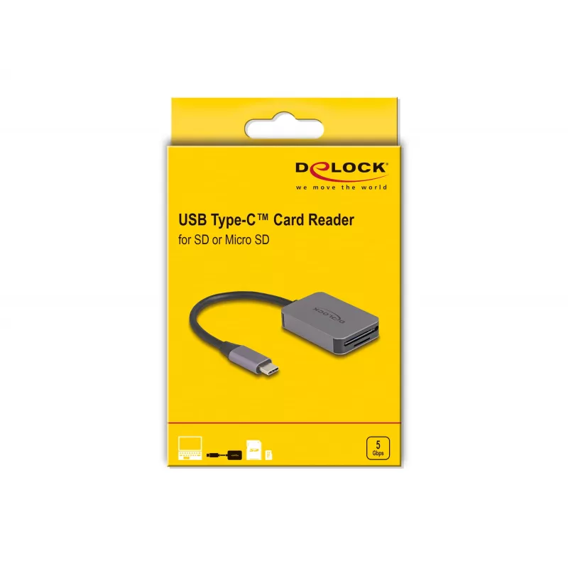 DELOCK USB Type-C kortelių skaitytuvas aliuminis SD Micro SD 5000 Mbit/s