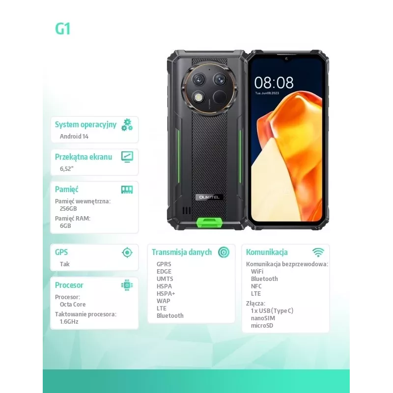 Oukitel G1 6,52 6/256 GB 10 600 mAh DS. Žalias