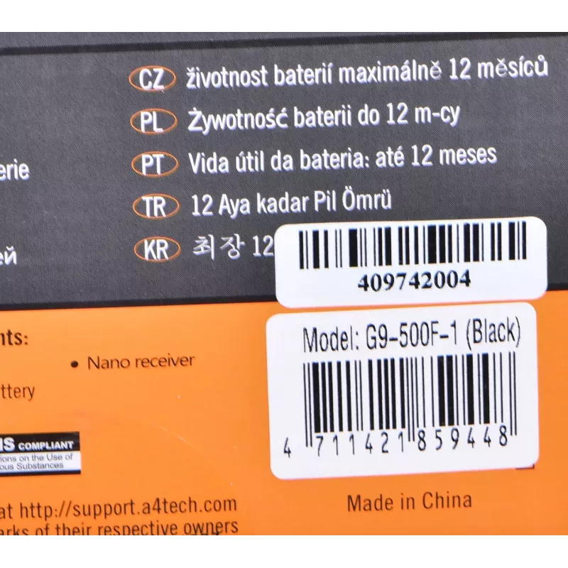 Belaidė RF pelė A4Tech G9-500F, dešiniarankiams, 1000 DPI, 2,4 GHz nano imtuvas, 15 m atstumas, AA baterija