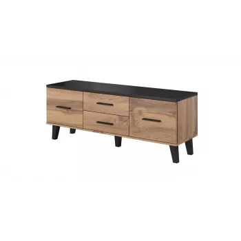 TV staliukas Cama Meble LOTTA 140 cm — wotan ąžuolo rėmas, juoda medžio drožlių plokštės viršus, 1400×400×530 mm
