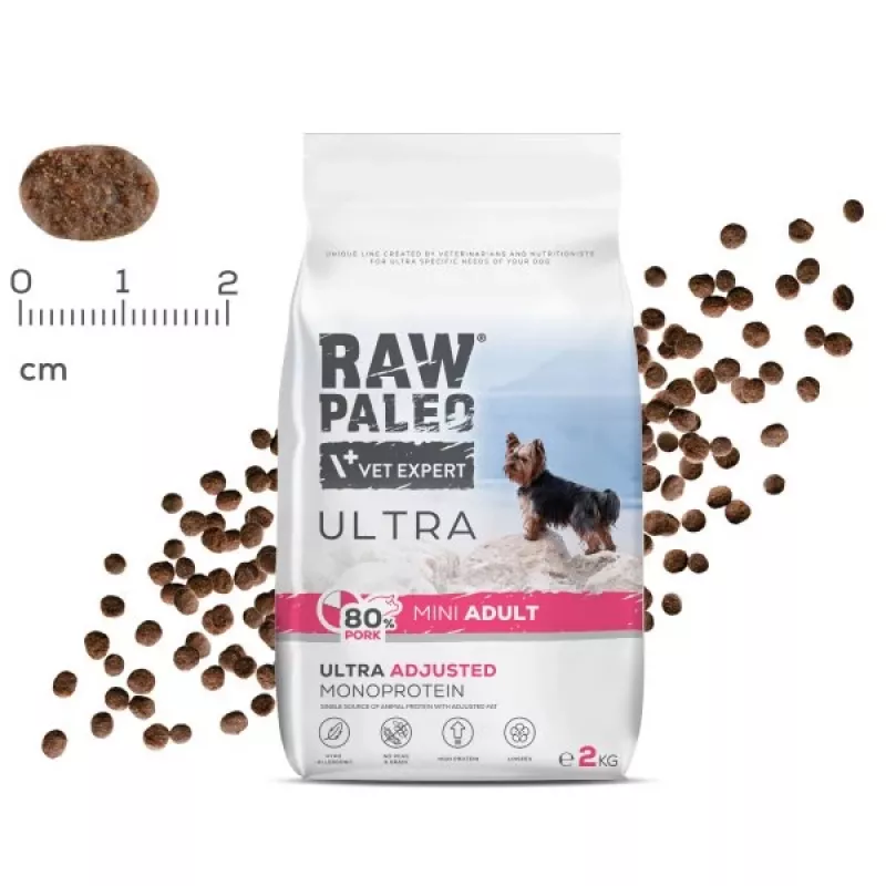 Sausas šunų maistas VETEXPERT RAW PALEO Ultra Pork Mini Adult 2 kg — suaugusiems mažų veislių šunims, kiauliena, 31% baltymų, 17,5% riebalų