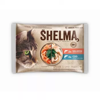 Šlapias kačių ėdalas SHELMA su lašiša ir menke padaže, 4 x 85 g maišeliai, 81 % drėgmės, 10 % baltymų