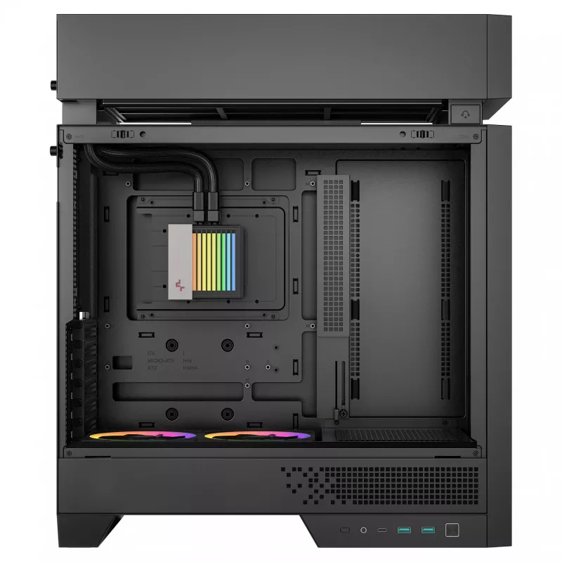 Stacionaraus kompiuterio korpusas DeepCool CL6600 Juoda — palaiko ATX/PS2/SFX/SFX-L maitinimo blokus, 140 mm priekinius ventiliatorius, 120/140 mm viršutinius/galinius, 2,5/3,5 colio diskus