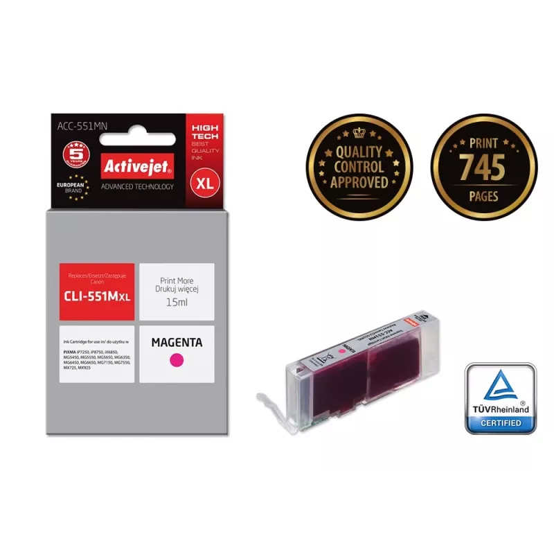 Activejet ACC-551MN rašalo kasetė (pakaitalas Canon CLI-551M; Supreme; 15 ml; purpurinė)