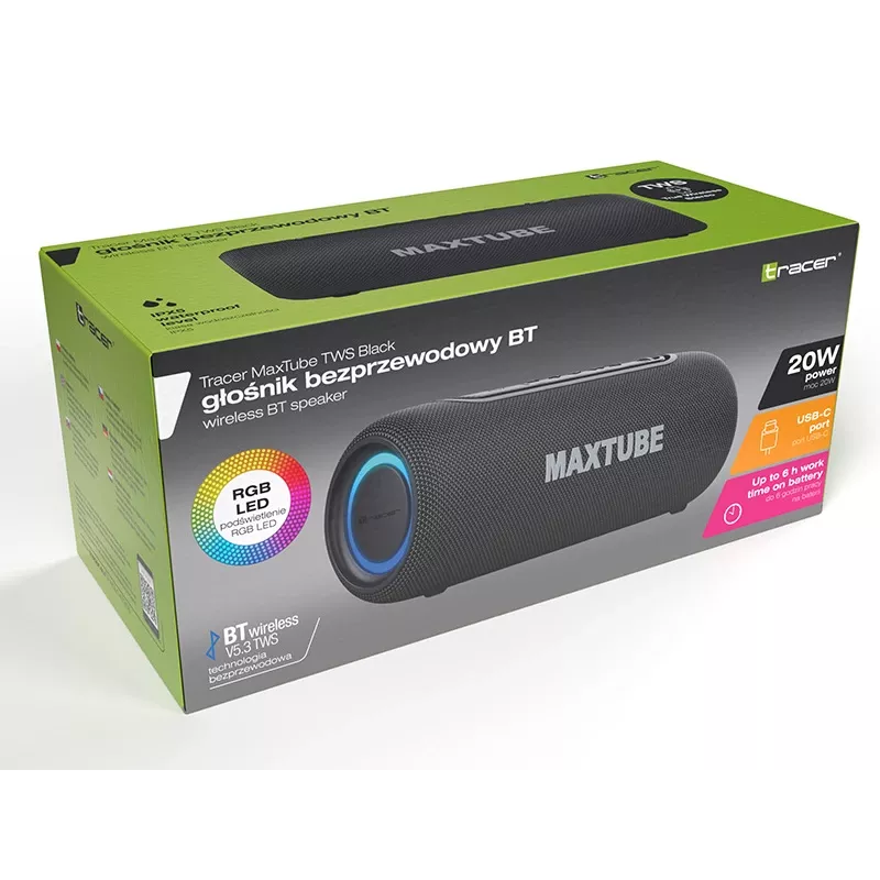 Garsiakalbiai TRACER MaxTube 20W TWS Bluetooth, juodi — nešiojamas belaidis garsas, stereofoninis garsas