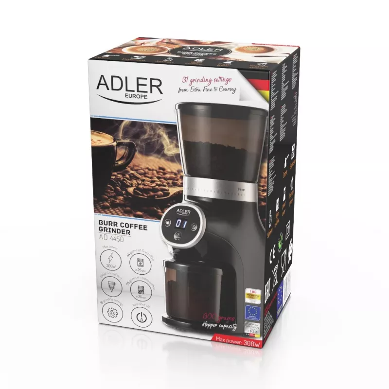 Profesionalus kavos malūnėlis, plieniniai girnų akmenys, 31 malimo nustatymas, Café 90g/m, Adler, AD4450, 300, Juoda