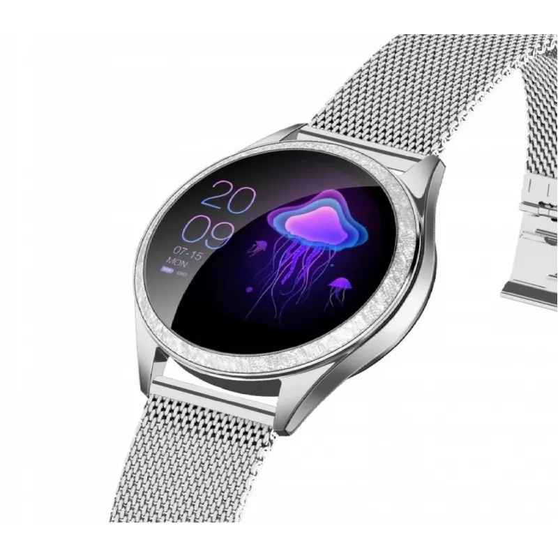 Išmanusis laikrodis ORO-MED ORO-SMART CRYSTAL Sidabrinė — apvalus metalinis korpusas, LCD 240×198, 1,04 colio ekranas, Bluetooth 4.0, atsparus vandeniui, 120 mAh baterija