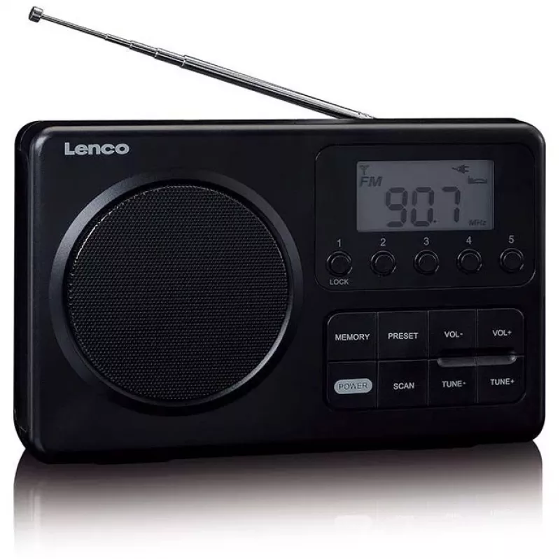 Nešiojamas radijas Lenco MPR-035BK — FM/AM, maitinimas iš tinklo ir baterijų, 2,5 colio LCD, 20 FM stočių atminties, 3,5 mm išvestis