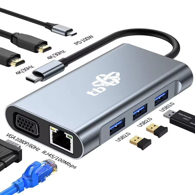 HUB 8in1 adapteris USB C HDMI x2 USB VGA RJ45 PD