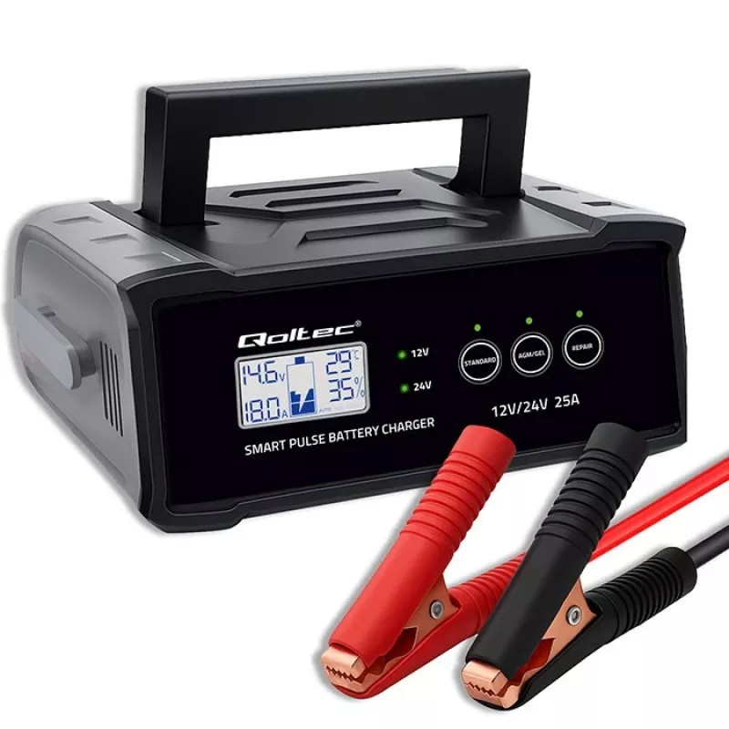 Baterijų įkroviklis QOLTEC 52514 — 12V/24V, 25A, AGM/GEL/SLA baterijoms su LCD ekranu