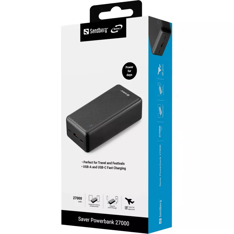 Išorinė baterija Sandberg Saver 27000 mAh ličio jonų juoda