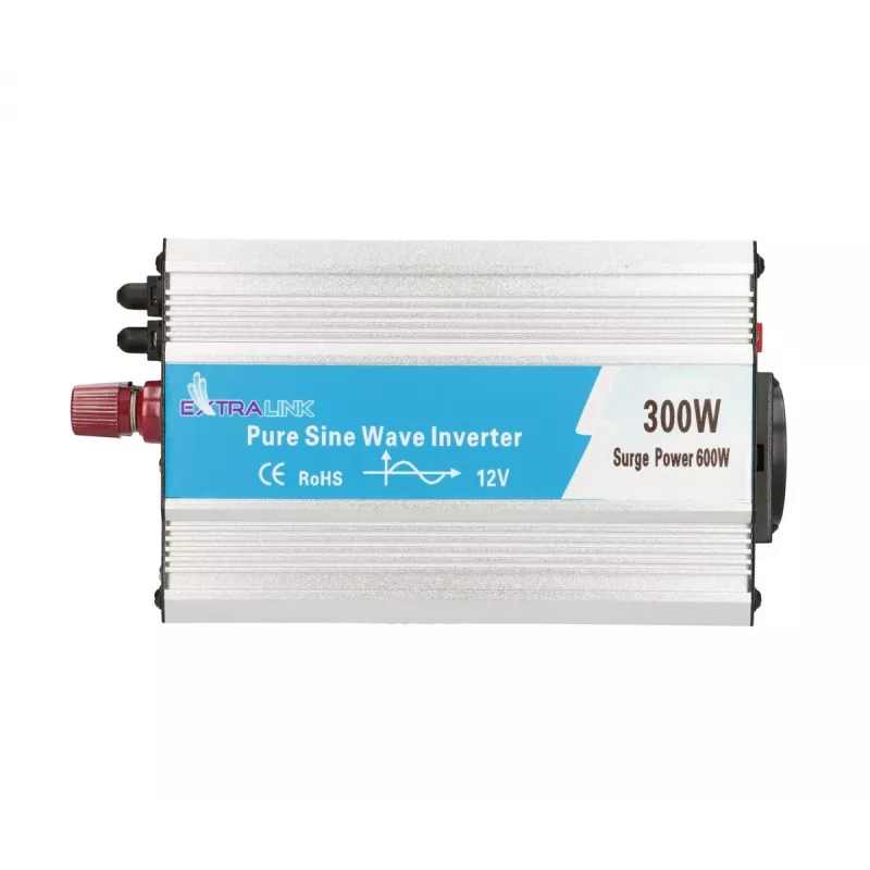 Įtampos keitiklis Extralink OPIP-300W 12V 300W gryna sinusoidė, aliuminio korpusas, aktyvus aušinimas