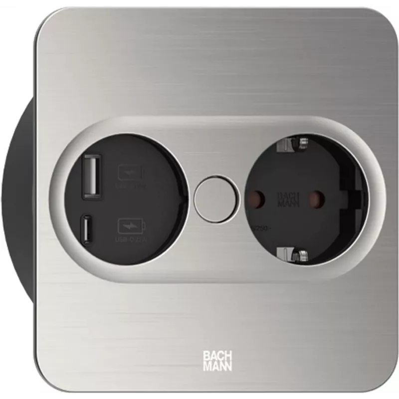 Kištukinis lizdas Tipas F + USB A + USB C Bachmann 946.005 Nerūdijantis plienas