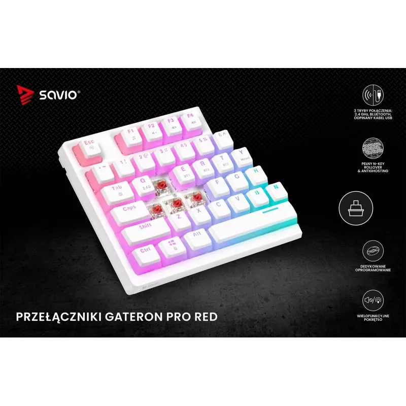 Žaidimų klaviatūra Savio Phenix WHITE GAT RED PUD Laidinė Belaidė USB Bluetooth RGB LED
