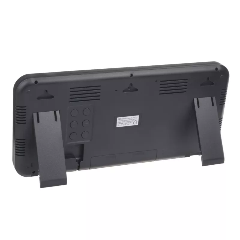 Didelis skaitmeninis laikrodis su temperatūros jutikliu, tvirtinamas ant sienos arba pastatomas, 37x17 cm LCD ekranas, maitinimo adapteris ir baterijomis maitinamas
