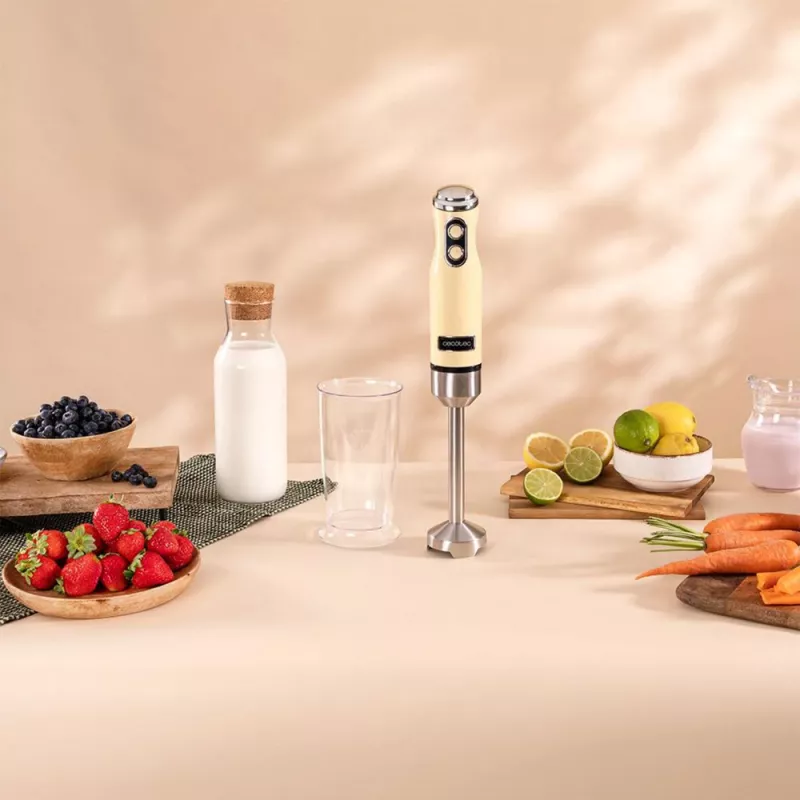 Rankinis plakiklis CECOTEC Power Mixer RetroGeltona 1200MAX Cream&Crush, 1200 W, keli greičiai, tešlos kabliukai ir plakimo šluotelės