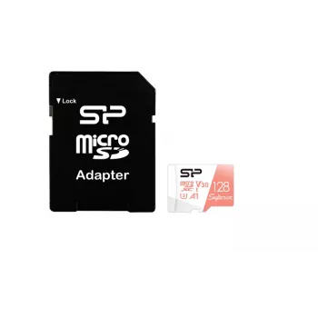 MicroSDXC kortelė Silicon Power Superior 128GB UHS‑I Class 10 U3 V30, 100/80 MB/s, balta/persikinė