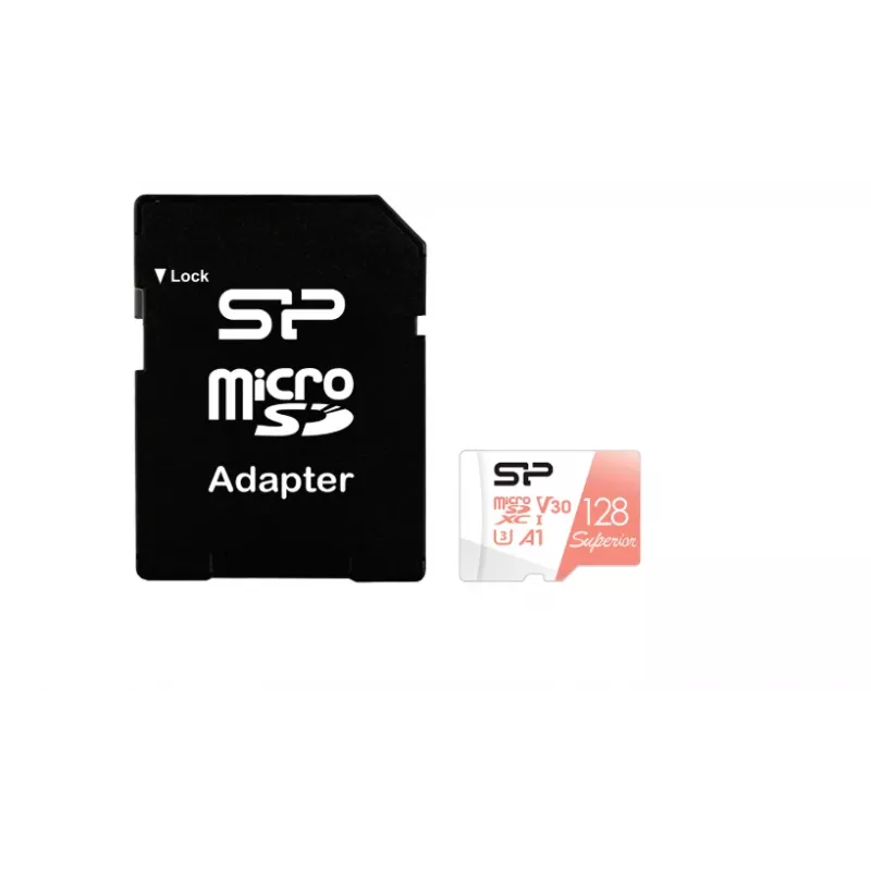 MicroSDXC kortelė Silicon Power Superior 128GB UHS‑I Class 10 U3 V30, 100/80 MB/s, balta/persikinė