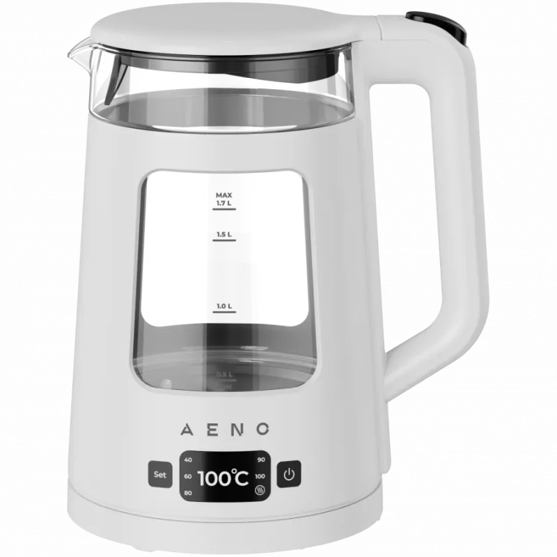 AENO elektrinis virdulys EK6: 1850-2200W, 2L, Strix, kvadratinis korpusas, permatomas dangtelis, itin tvirtas stiklas, LED apšvietimas, automatinis išsijungimas, apsauga nuo perdegimo