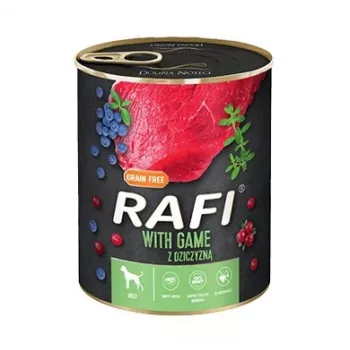 Šlapias šunų maistas Dolina Noteci Rafi Dog elniena 800 g – konservuotas suaugusių šunų maistas, 78 % drėgmės, 9 % baltymų, 7 % riebalų