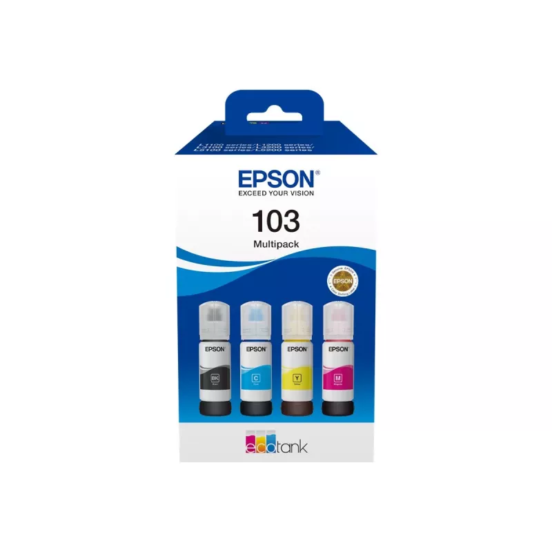 Rašalo kasečių rinkinys Epson EcoTank 103 — Originalių 4 spalvų rinkinys (Juoda, Žydra, Purpurinė, Geltona), Juoda 4500 psl., Spalvota 7500 psl.