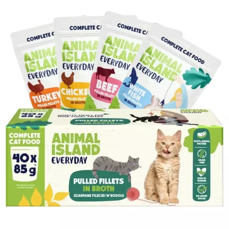 Drėgnas kačių ėdalas „animal island Everyday“ — jautienos, vištienos, kalakutienos ir baltos žuvies filė gabalėliai sultinyje, 40 x 85 g pakelių