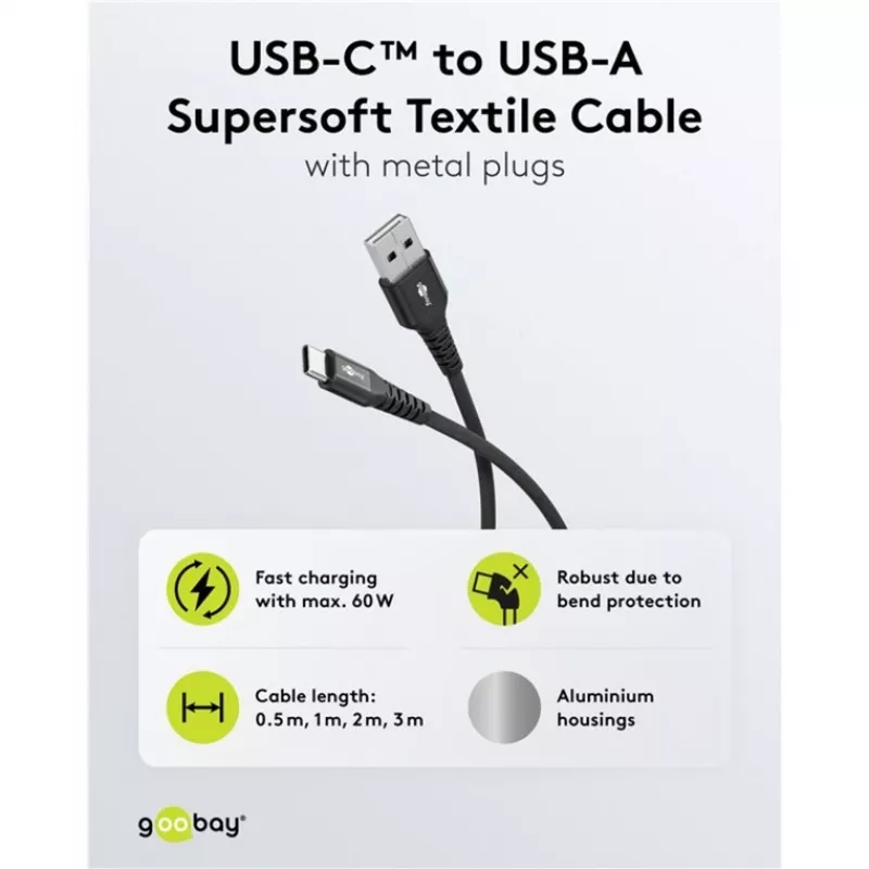 Goobay USB-C laidas Fabric Supersoft su metalinėmis jungtimis, 2 m, juodas (2m, USB 2.0, 60W), USB laidas