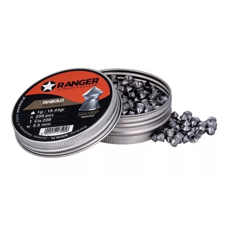 Šratukai RANGER PRORO 5,5 mm, diabolo formos, sidabriniai, 250 vnt., aliuminio dozatorius
