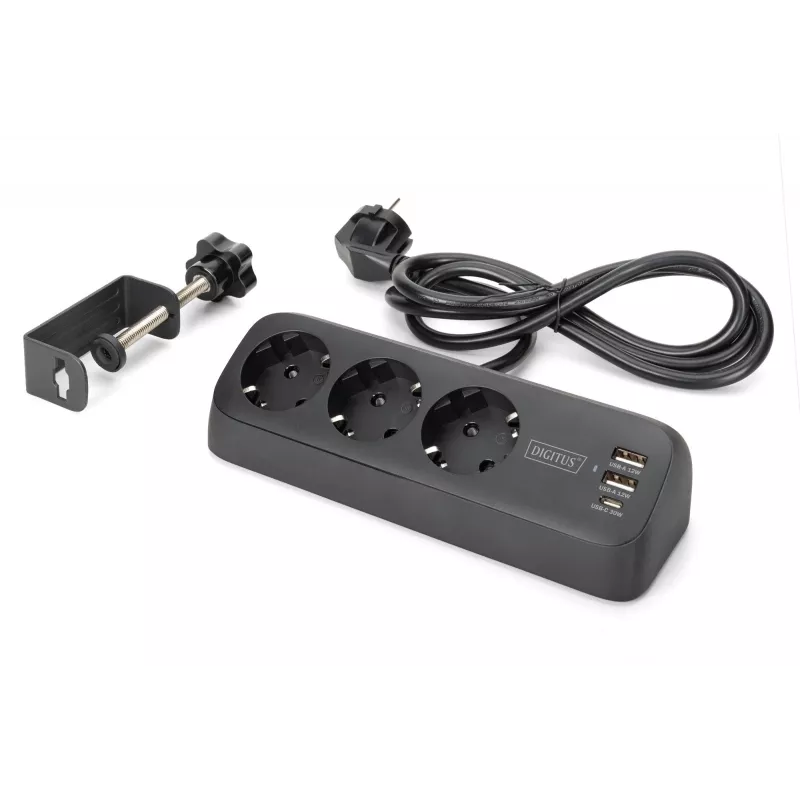 Maitinimo šakotuvas DIGITUS 3 lizdų su 2×USB-A ir 1×USB-C, 3 kintamosios srovės lizdai Tipas E/F, 1,5 m laidas, juodas