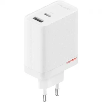 Maitinimo adapteris ONEPLUS SUPERVOOC 120W dviejų prievadų laidinis įkroviklis, 120W bendra išvestis, 1x USB-C + 1x USB-A, 100–240V, 145 g, baltas