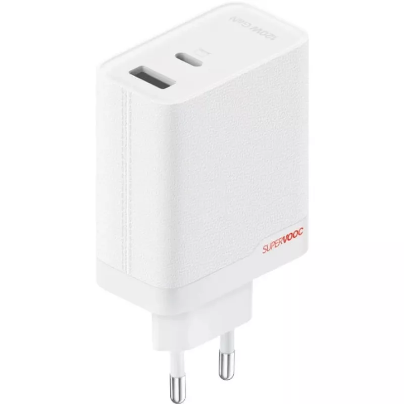 Maitinimo adapteris ONEPLUS SUPERVOOC 120W dviejų prievadų laidinis įkroviklis, 120W bendra išvestis, 1x USB-C + 1x USB-A, 100–240V, 145 g, baltas