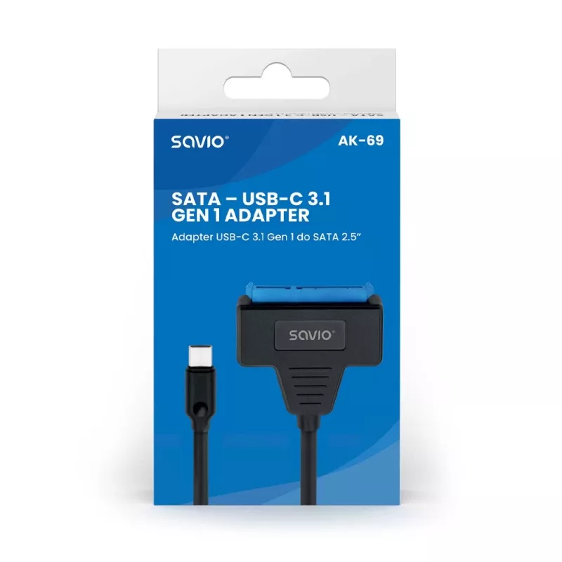 SAVIO SATA į USB-C sąsajos kabelis AK-69, SATA lizdas į USB-C kištuką, USB 3.2 Gen 1 (5 Gbit/s), 0,25 m, juodas