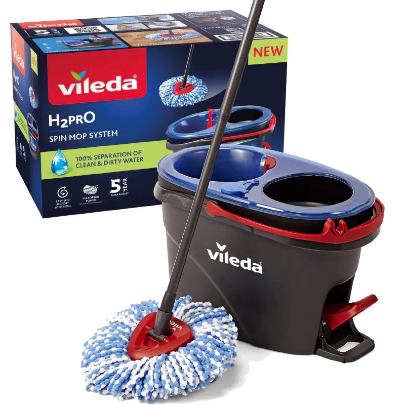 Grindų šluota VILEDA Microfibre 320 mm, teleskopinė rankena 55–123 cm, plaunama, 360° besisukanti galvutė, juoda/mėlyna/raudona