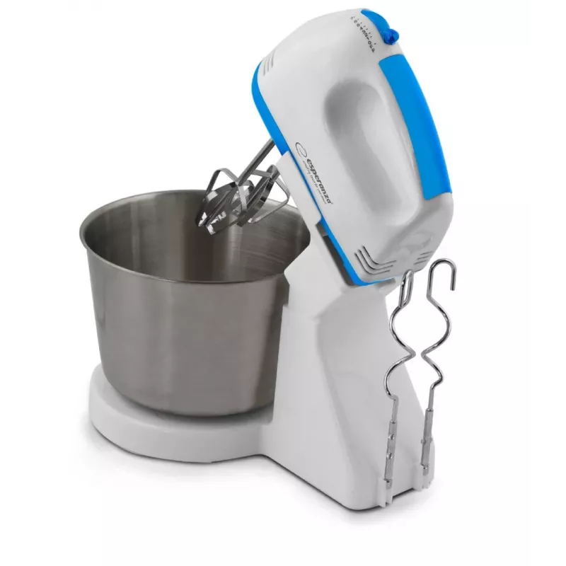 Stacionarus plaktuvas ESPERANZA EKM019WB — 150 W, 2,5 l talpos dubuo, 7 greičiai, tešlos kabliai, dvigubas plaktuvas, baltas
