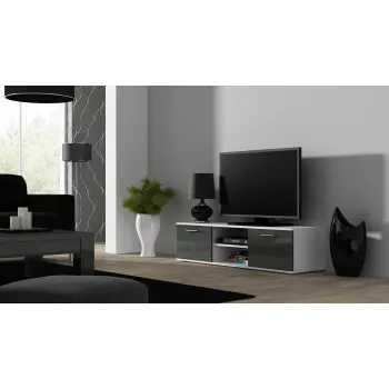TV staliukas cama meble SOHO 140 — 1400×430×370 mm, baltas viršus, medžio drožlių plokštė, baltas rėmas, baltos/pilkos spalvos blizgesys