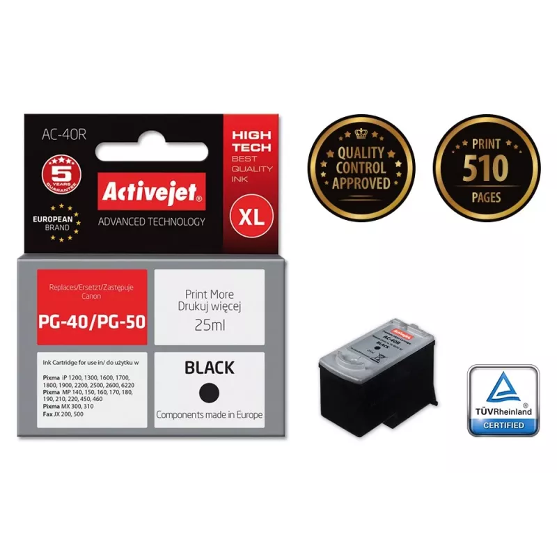 Activejet AC-40R rašalas (pakeičia Canon PG-40; Premium; 25 ml; juodas)