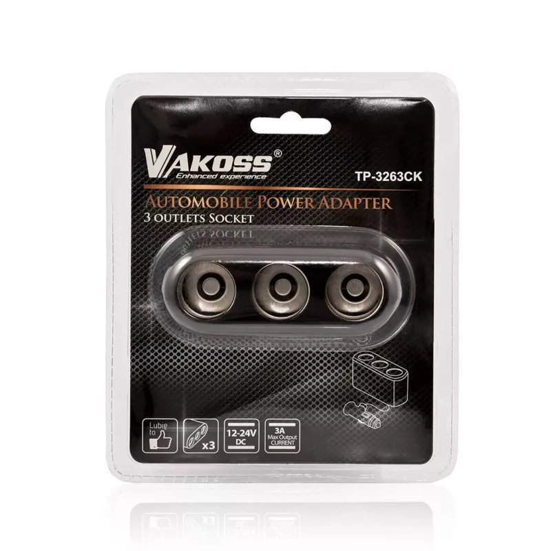 Automobilio cigarečių žiebtuvėlio skirstytuvas VAKOSS TP-3263CK — 1 į 3 12V maitinimo lizdų adapteris, 3A išėjimas, juodas