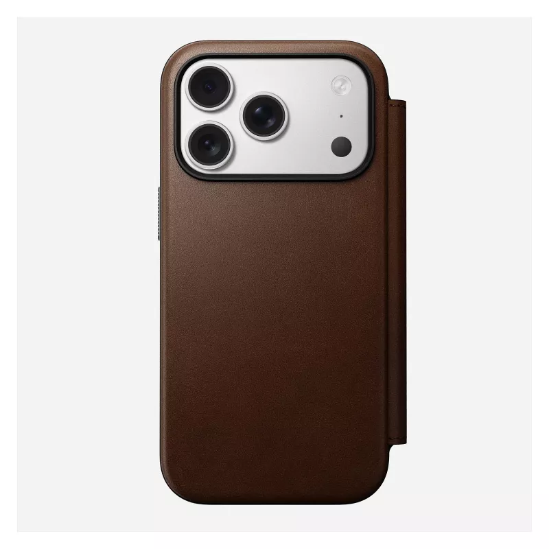 Odinis aplanko tipo telefono dėklas Nomad Modern Leather Folio, skirtas iPhone 17 Pro — rudas, tinka 6,3 colio (16 cm) ekranui, 4 kortelių kišenės