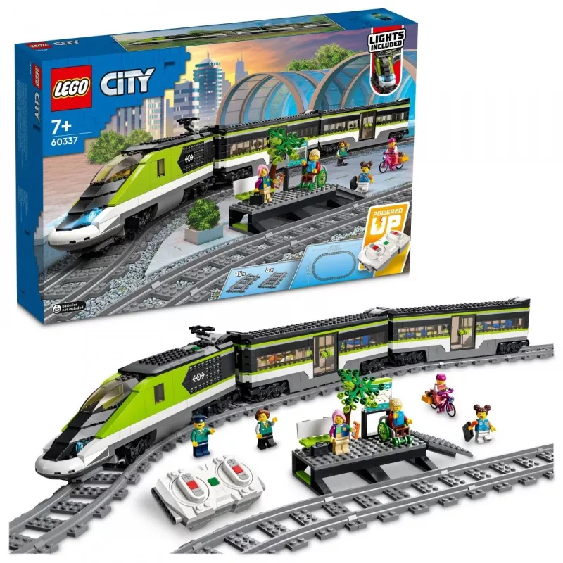 LEGO 60337 City Express keleivinis traukinys su nuotolinio valdymo pulteliu, žaislas vaikams, berniukams ir mergaitėms su veikiančiais priekiniais žibintais, 2 vagonais ir 24 bėgių detalėmis